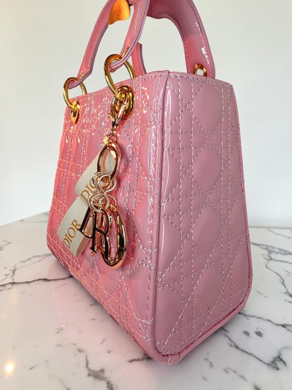 Pink Quilted Fashion Bag with Genuine Dior Bag Charms  NWOT